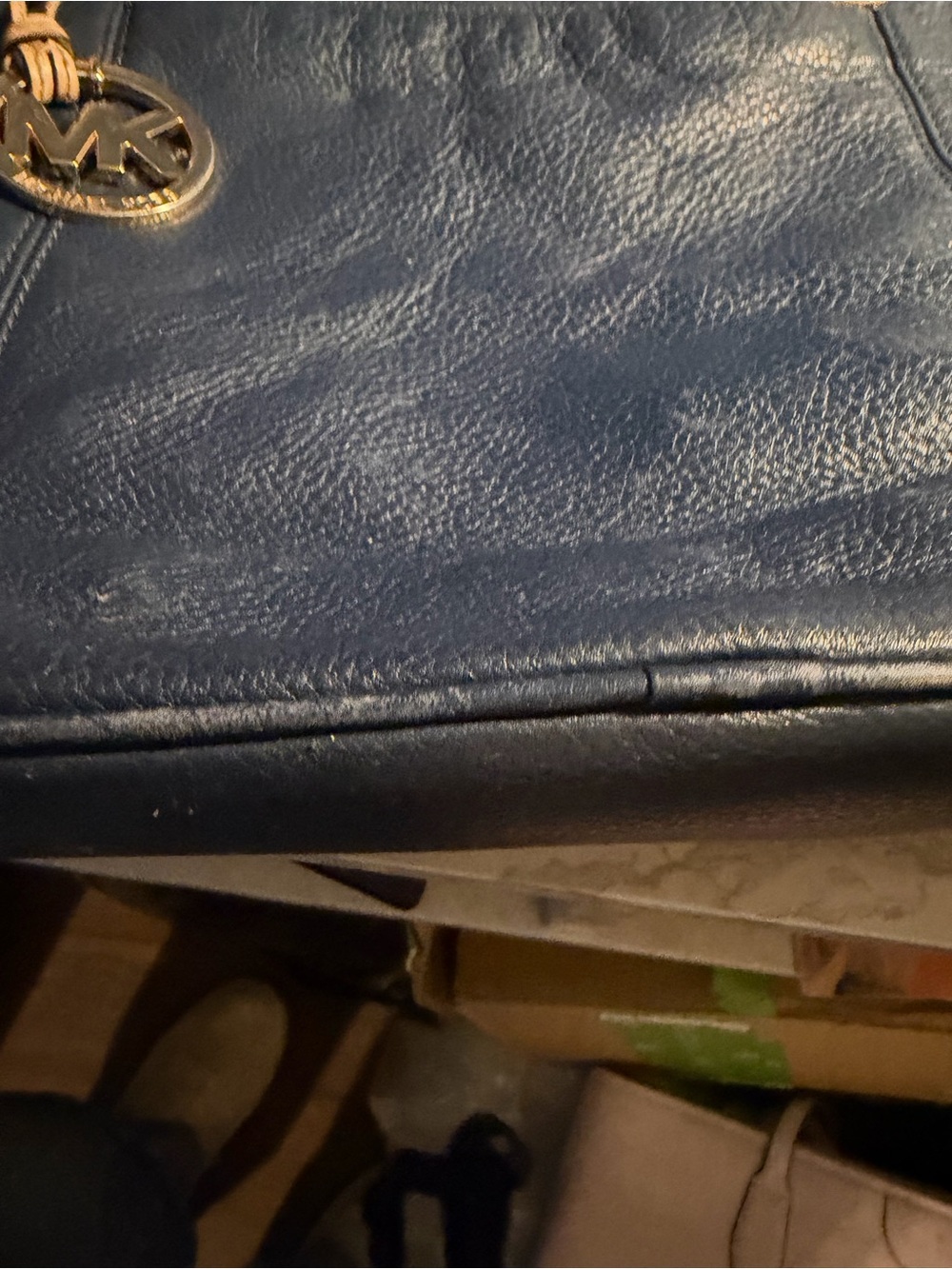 Michael Kors Navy Leather Tote with Tan Straps and Gold MK Charm - Picture 5 of 8
